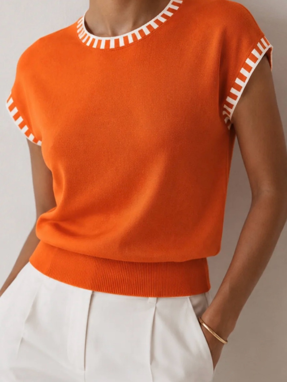 Commense Contrast Trim Cap Sleeve Knit Top